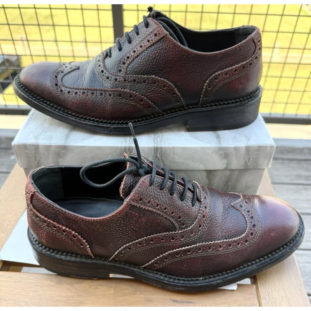 Bugatchi Italy Oxford Burgundy Leather Wingtip Almond Toe Lace Up Shoes Size 8